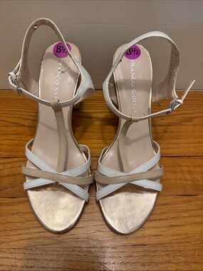 Franco Sarto Beige and White Strappy T‑Strap Heels